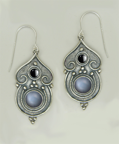 Sterling Silver Gothic Inspired Drop Dangle Earrings With Grey Moonstone And Hematite